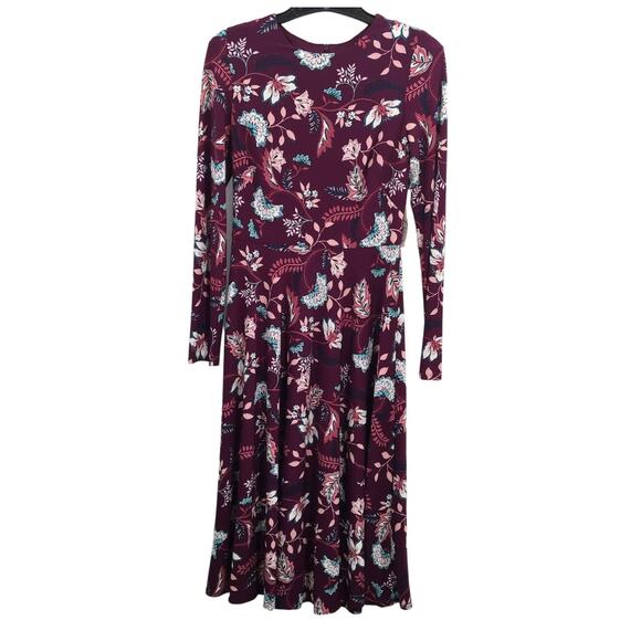 Eliza J Floral Aubergine Long Sleeve Midi Dress Size 4 in Maroon Multicolor NWT - Picture 1 of 8